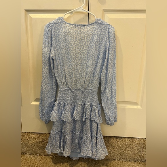 Cheery Cutie Light Blue Floral Print Tie-Front Tiered Mini Dress - Picture 5 of 6